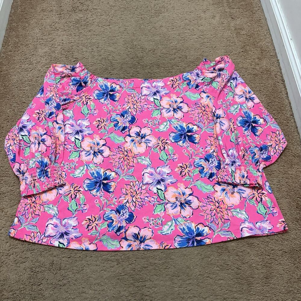 Lilly Pulitzer Lessa Off-The-Shoulder Top Pink Isle Bud Women's XL Resort Beach